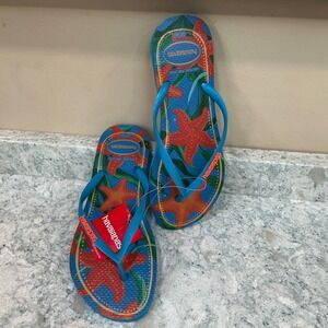 Havaianas Flip Flops Slim Tropical Size 9/10 Turquoise Starfish Print Sandals